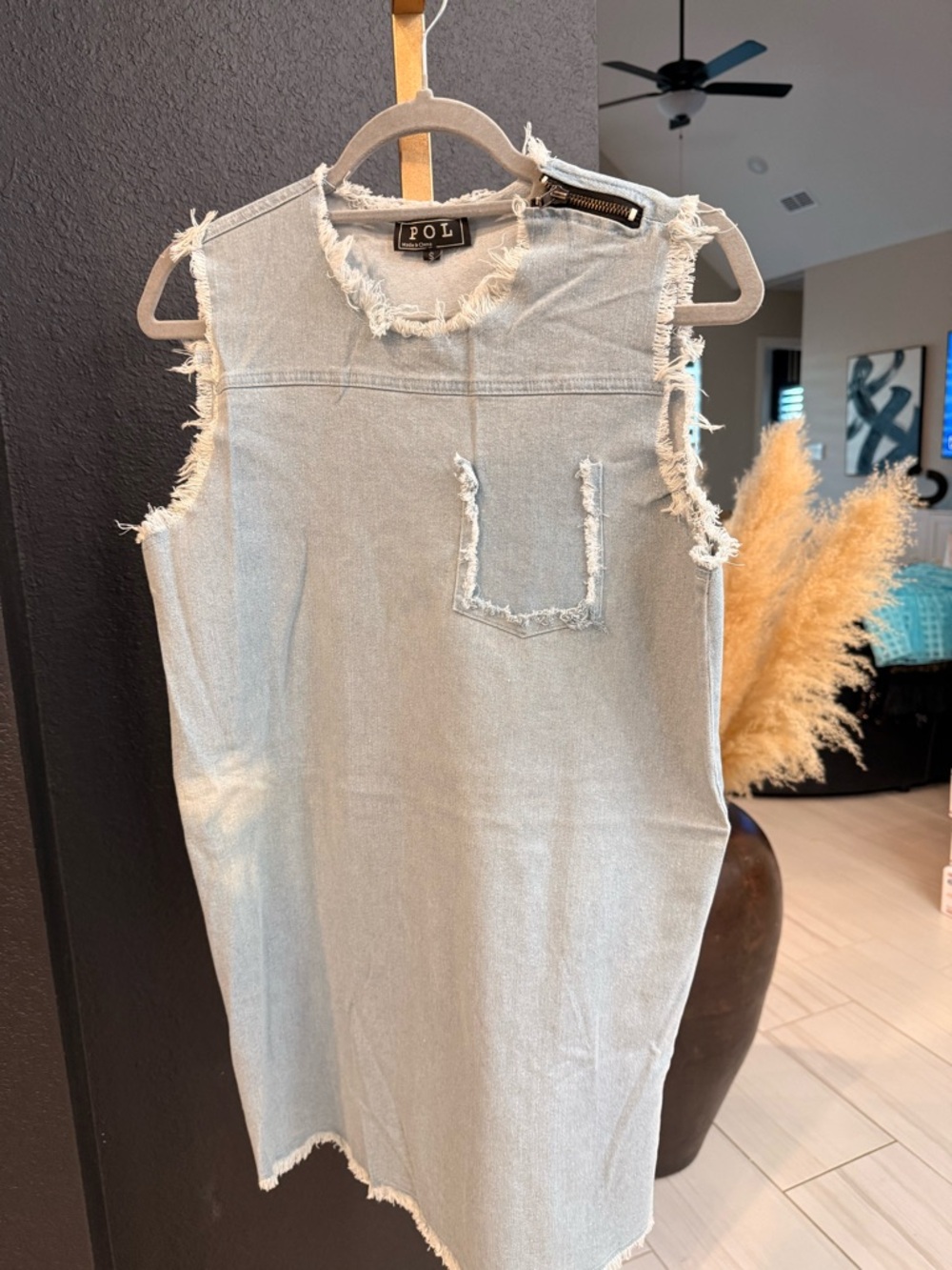 POL Light Blue Frayed Denim Sleeveless Shift Dress